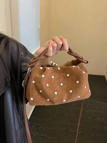 Fashion Polka Dot Pattern Pleated Handbag Niche Design Crossbody Bag Popular Exquisite Luxury Commuter Shoulder Bag; Crossbody Bag; PU; Open Design; Very Suitable For Office, School, Student, Back To School, Work Occasions, Business Activities, Commuting, Outdoor Activities, And Outings - Brown - View 2