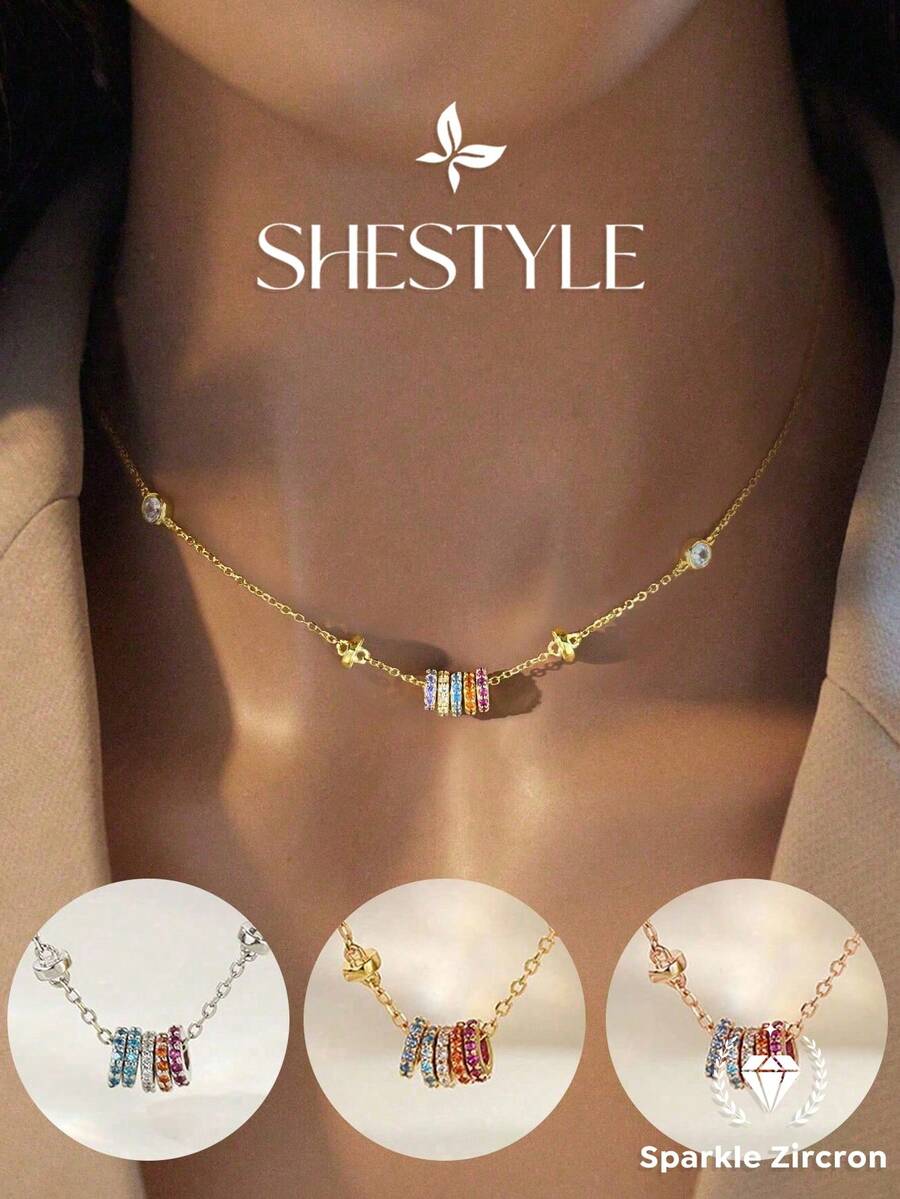 1pc Cubic Zirconia Colorful Lucky Bead Necklace, Elegant Girlfriend Anniversary Gift