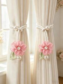 2pcs/Set French Style Fabric Floral Curtain Tieback Buckle Home Decor Pearl Embellished Curtain Buckle Suitable For Living Room Bedroom - Pearl Camellia Curtain Tie - View 16