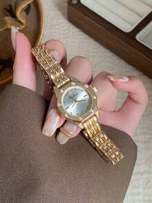 1件優雅金色女款石英手錶，八角形白色錶盤，鑲鑽錶圈，適合日常穿著與辦公服裝 - 金色 - 查看 2