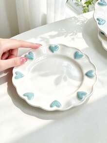 4pcs/2pcs/1pc Cute Embossed Blue Heart Ceramic Plate Set, Wavy Edge White Porcelain Dinnerware, Ins Style Dessert Salad Snack Plate, Afternoon Tea Home Table Decor, Holiday Gift - Multicolor - View 11
