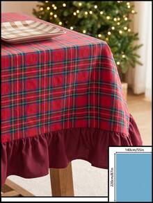 1pc Red Background Green & Black Plaid Tablecloth, Christmas Holiday Style Fabric Material, Rectangular With Scalloped Hem Design, Decorative Tablecloth For Christmas And Winter Home Decor - Red - View 19