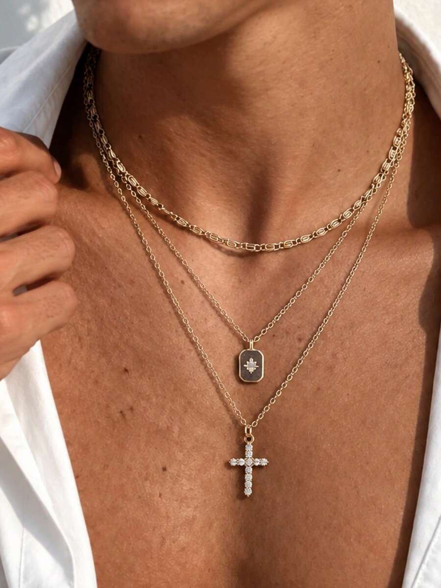 3pcs Men's Multi-Layer Stacked Gold Necklace, Rhinestone Cross & Square Pendant Multi-Layer Chain Collar Necklace, Minimalist Vintage Street Style Accessory, Gift For Men - 3pcs - View 1