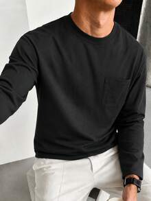 Men's Spring/Autumn Fashion Versatile Daily Commute Design Crew Neck Long Sleeve T-Shirt With Pockets - Black - View 3