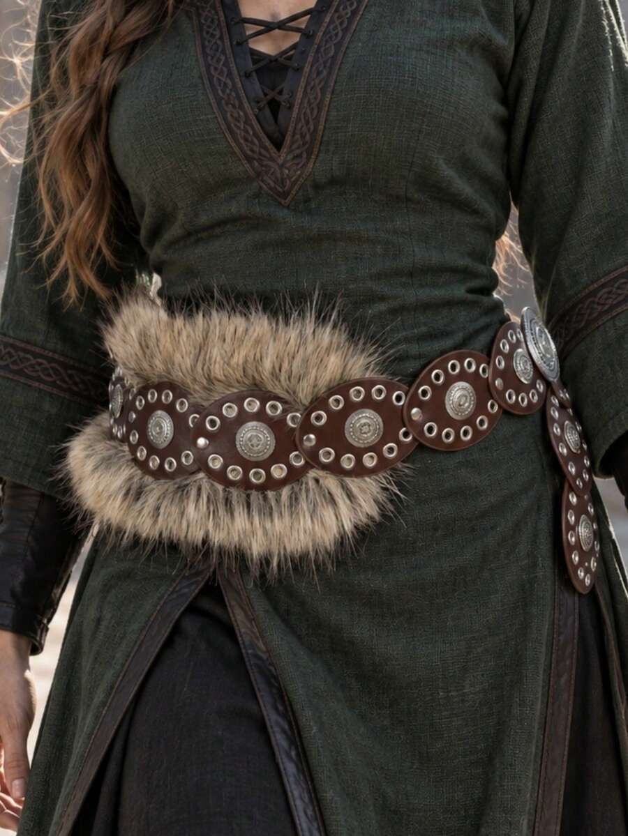 1pc Medieval Viking Fringed Leather Belt, Brown Rivet Decorated Waistband, Suitable For LARP, Cosplay, Renaissance Festival And Halloween Costume Accessory - ZSJ - View 1