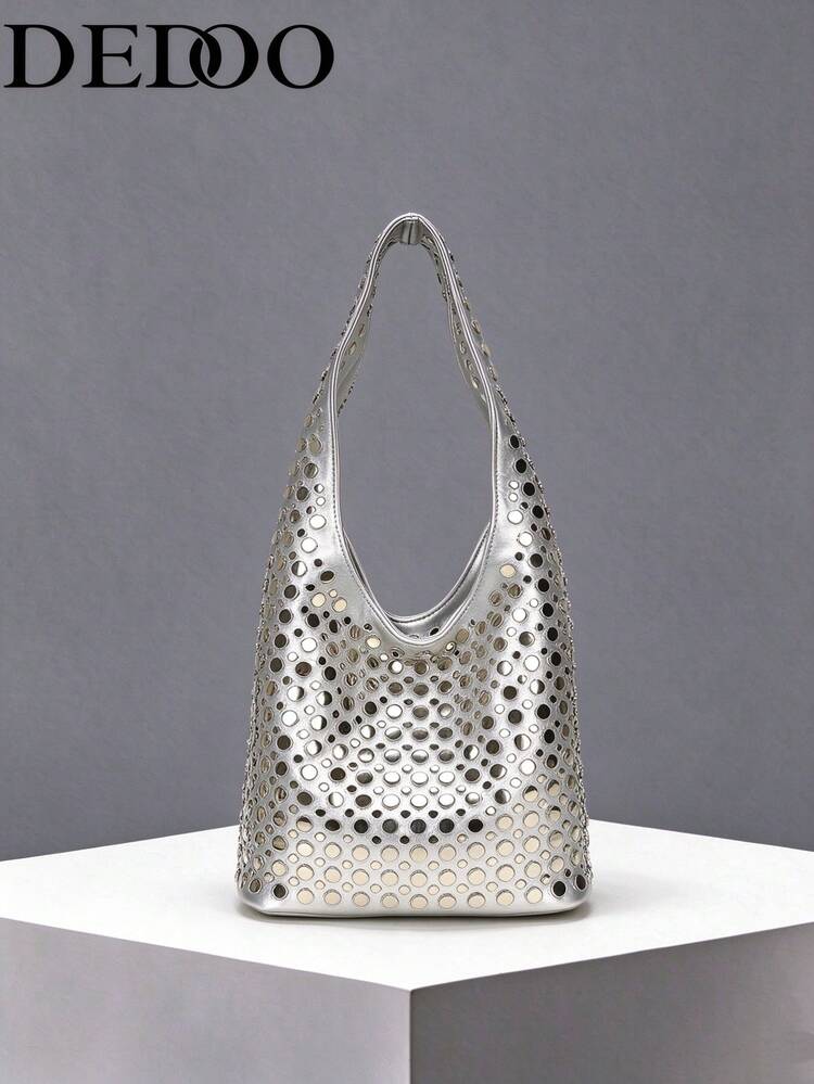 Dedoo Silver V-Shaped Double-Sided Studded Bucket Bag, Punk Style Heavy-Duty Rivet Embellished Underarm Shoulder Bag, Suitable For Work Commute And Shopping - Silver - View 1