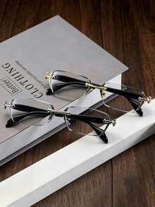 2pcs/1pc Women's Frameless Rectangular Light Glasses, Unisex, Vintage Gothic Style Luxury Retro Gold/Silver Metal Temple, Clear Cut Edge Lenses, Eye Protection Computer Glasses, Suitable For Office Wear - Multicolor - View 9