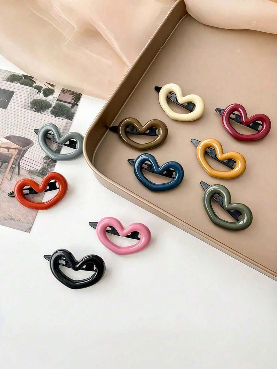 10pcs Girls Morandi Color Heart-Shaped Non-Damaging Durable Bangs Side Hair Clips Suitable For Daily Wear - Multicolor - View 1