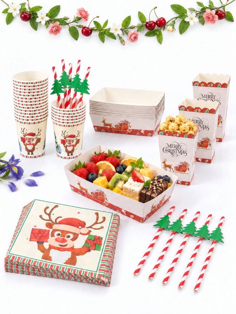 10/24pcs Christmas Reindeer & Santa Hat Print Disposable Paper Tableware Set, Includes Paper Cups, Napkins, Popcorn Boxes, Food Boxes And Straws, Suitable For Christmas Dinner, Family Gathering, Dessert Table Decor And Winter Party - Multicolor - View 1