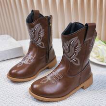 Vintage Brown Western Cowboy Boots, Embroidered Mid-Calf Riding Boots For Kids, Soft Sole Side Zipper Stage Outfit Boots - Brown - View 5