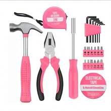 Pink Home Hand Tool Set, Multi-Function Home Repair Tool Kit, Includes Hammer, Pliers, Screwdriver Bits, Tape Measure, Hex Key, Electrical Tape, Portable Storage Box - Multi-color - View 3