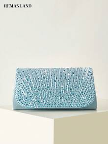 REMANLAND Ice Blue Wedding Clutch, Elegant Satin Pleated Decor With Sparkling Rhinestones, Exquisite Evening Bag, Suitable For Matching Bride And Bridesmaid Dresses - Baby Blue - View 9