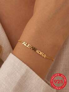 1pc 925 Sterling Silver Customized Cuban Bracelet, Customizable Name, Mother's Day And Valentine's Day Gift - Yellow Gold - View 2