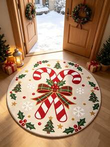 1pc, Christmas Theme Round Rug, Candy Cane & Holly Berry Pattern Design, Christmas Decoration, Garden And Patio Area Rug, Room Decor, Christmas Gift Decoration, Seasonal Decorative Mat, Holiday Design, Christmas Ornament, Perfect Christmas Gift, Perfect For Christmas And New Year Celebration, Decorative Rug, Bedroom Decor, Small Rug, Rug, Home Decor, Living Room Rug, Living Room Small Rug - Christmas - View 5