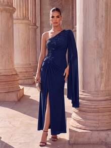 EVERPRETTY Elegant Women's Long Evening Gown, Embroidered Asymmetric Neckline And Slit Design, Charming One-Shoulder Formal Dress - Navy Blue - View 1