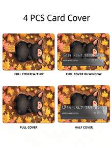 4pcs Cute Little Black Pig Autumn Leaf Heart Credit Card Stickers, Cartoon Healing Style Pig Card Decals, PVC Waterproof Anti-Fingerprint Scratch-Resistant Wear-Resistant Skin, Autumn Atmosphere Birthday Gift, Suitable For Men And Women, Small Chip Card, Bank Card, Credit Card, Transit Card, Access Card, Student Campus Card Personalized DIY, Privacy Protection - Multiple Styles - View 9