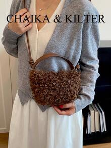 1pc Fashionable Small Bucket Plush Fabric Handbag, Suitable For Commuting, Shopping, Etc. - Coffee - View 9