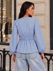 Women's Blue & White Striped Bohemian Style Vacation Summer Deep V-Neck Long Sleeve Shirt, Blue & White Woven Drawstring Front Tie-Up Top, Elegant Waist-Cinching Cover-Up - Multicolor - View 3