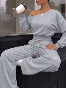 Women's Autumn 2 Pieces Set, Solid Color Asymmetrical Shoulder Long Sleeve Top And Low-Waist Drawstring Pants, Y2K Street Style Sexy Outfit - Grey - View 11