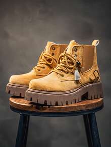 GAISIMA Premium Dad Style New Metal Skull Decor Punk Fashion Men's Height-Increasing Thick Sole Design Derby Shoes Colorblock Casual Shoes - Mustard Yellow - View 2