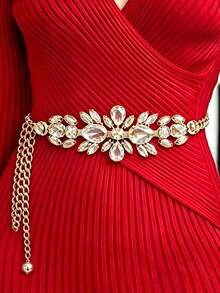 1pc Women's Rhinestone Inlaid Chain Waist Belt, Elegant Silver-Tone Waist Chaingraduation - Black - View 10