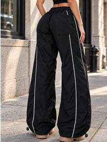 Women's Black Printed Wide Leg Sweatpants, Contrast Trim, Elastic Drawstring Waist, Casual Streetwear Long Pants - Black - View 3