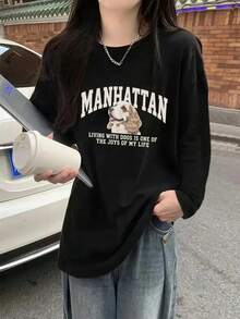 Women's Fashion Autumn/Winter Loose Minimalist Versatile Letter & Cartoon Puppy Print Long Sleeve T-Shirt - Black - View 3