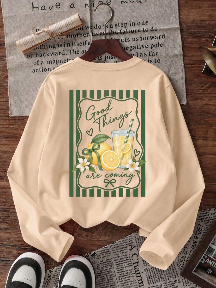 Tween Girl 1pc Printed Long Sleeve T-Shirt, Suitable For Tween Girls' Autumn/Winter Tops, Young Student Children's Clothing, Suitable For Outerwear And Layering - Apricot - View 1