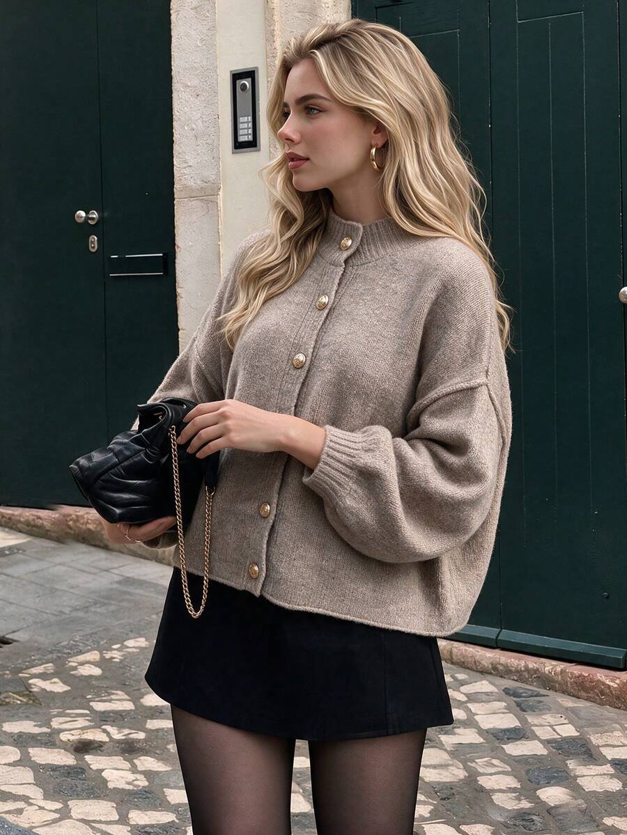 NOVELLE Women's Crew Neck Gold Button Knit Cardigan, Autumn Winter Drop Shoulder Lantern Sleeve Cropped, For Daily School, Shopping And Commute - Khaki - View 1