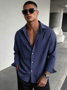 WAIT HIM Men's Casual Striped Long Sleeve Shirt, Polyester Blend - Navy Blue - View 9
