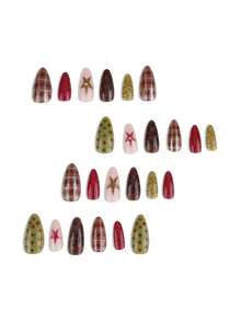 24Pcs Medium Almond Press On Nails, Fall Y2K Maillard Retro Nails, Tortoise Shell, Plaid & Tiger Print, Magenta Polka‑Dot With Star Rhinestones, For Thanksgiving Christmas Holiday Party - Brown - View 4