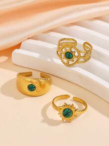 3pcs Stainless Steel 18k Gold Plated Fashionable Peacock Stone, Turquoise, Tiger Eye Open Ring Set. Suitable For Women's Daily Wear. Autumn/Winter Essential. - Multicolor - View 7