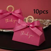 20pcs Wedding Candy Boxes With Embossed Pattern, Premium Wedding Candy Boxes With Ribbon And Plastic Ring, Handheld Candy Bags Packaging Boxes - Hot Pink - View 4