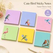 Cute Bird Sticky Notes 3/6 Books Set, Suitable For Notes, Reminders, Diary Recording - Pastel Self-Adhesive Memo Pads With 6 Bird Patterns, Colorful Notebooks For Office Desk, School Supplies, Square Bird Theme Gift - A - View 2