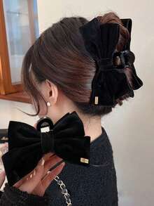 2/1pc Black Velvet Large Bow Hair Clip (Approx. 14cm), Suitable For Party And Daily Wear Women's Claw Clip, Fashion Hair Accessory - Multicolor - View 11