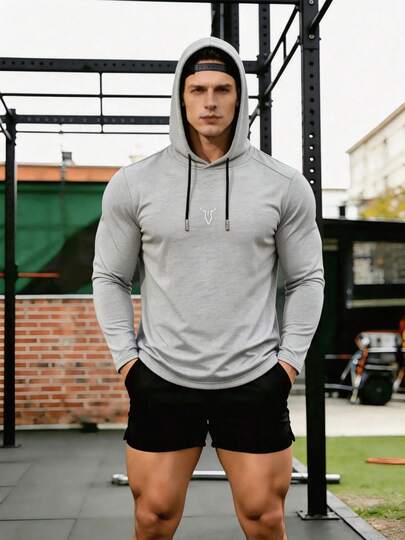 Sweatshirt Olahraga Pria, Hoodie Lengan Panjang Bermotif dengan Tali Serut, Atasan Kasual untuk Latihan Lari dan Kebugaran di Luar Ruangan
