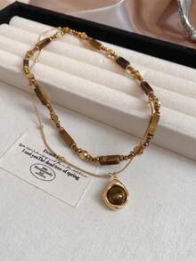 3pcs Maillard Beaded Tiger Eye Stone Multi-Layer Long Necklace For Women, Autumn/Winter Hot Style, High-End Layered Sweater Chain, Collarbone Chain - Multicolor - View 3