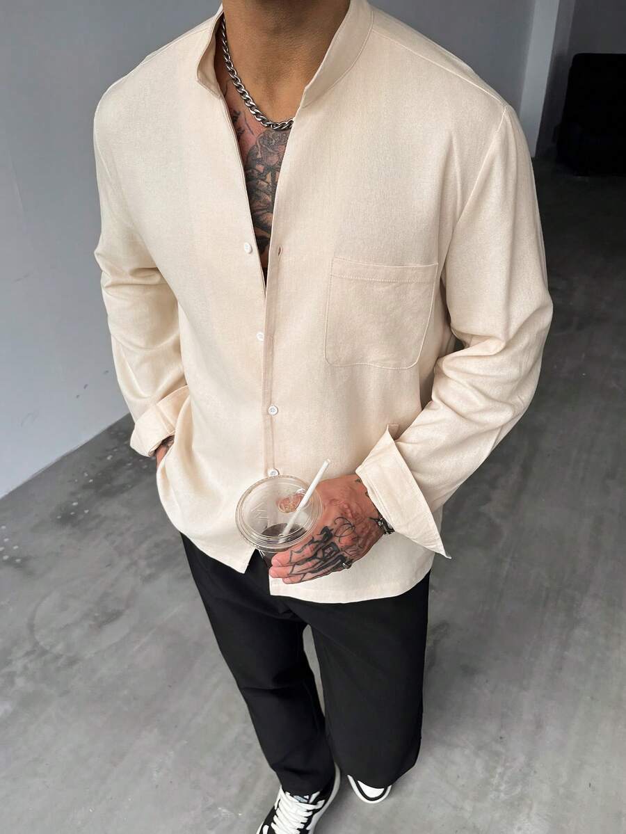 GloMan Old Money Style Men's Apricot Linen Blend Unique Notched V-Neck Pocket Button Long Sleeve Shirt, Suitable For Autumn Vacation, Commute, Halloween/Christmas, Gift For Husband - Apricot - View 1
