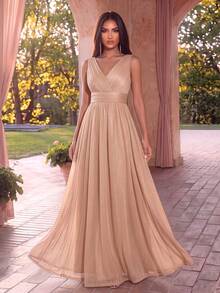 Elegant Sleeveless Zip Back Ruched Bridesmaid Dresses Wedding Spring Fall - Champagne - View 1