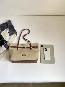 1pc Khaki Color Strap Decor Large Capacity Contrast Color PU Tote Bag Women's Shoulder Bag - Khaki - View 4