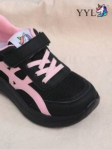 Girls' Mesh Sports Shoes Black & Pink Colorblock, Hook & Loop Lightweight Soft Sole, Breathable Non-Slip Children's Running Shoes - Pink - View 2