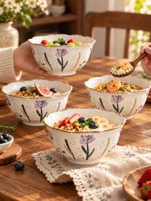 Vintage Lavender Carved Floral Hand-Painted Underglaze Ceramic Bowl, Petal Rim Yogurt Oatmeal Rice Cereal Dessert Fruit Snack Bowl, Elegant Breakfast & Home Dining Tableware For Daily Use, Gift Idea - Multicolor - View 3