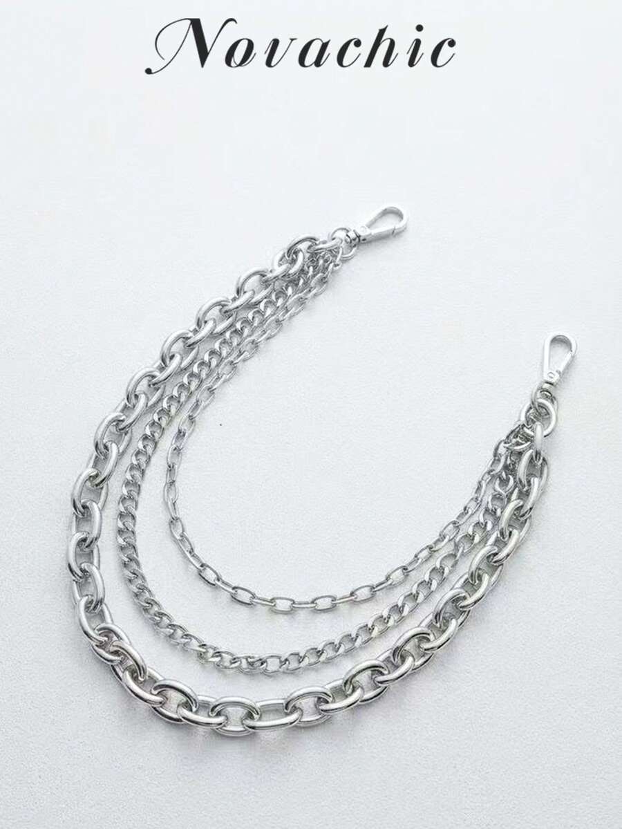 Minimalist Bag Shoulder Strap With Iron Chain, Three-Layer Decorative Chain - Silver - View 1
