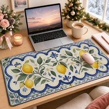 1pc Mediterranean Lemon Tile Aesthetic Desk Mat, Floral Mosaic Print Large Mouse Pad For Dorm & Vanity Table Decor - View 2