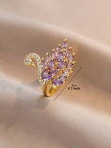 1pc Elegant Fashionable Square Cubic Zirconia Pink Purple Colorful Swan Adjustable Open Gold Plated Ring, Women's Daily Holiday Date Commute Wear - Swan - View 5