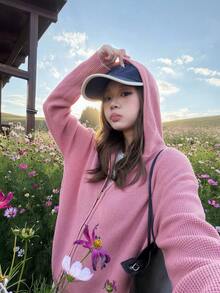 Women's Casual Chic Solid Color Waffle Hooded Zip Up Knit Cardigan, Long Sleeve Loose Fit Jacket, Suitable For Travel, Back To School, Daily Wear - Hot Pink - View 2