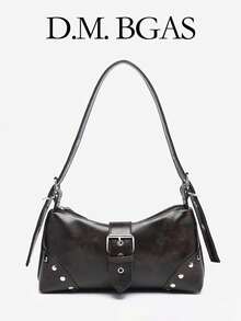 1pc PU Y2K Women's Vintage Distressed Soft Leather Motorcycle Bag With Rivet Buckle Decor, Wrinkled Cloud Design, One Shoulder Underarm Bag, Baguette Square Bag, Suitable For Work, Commute, Date, Party - Coffee Brown - View 1
