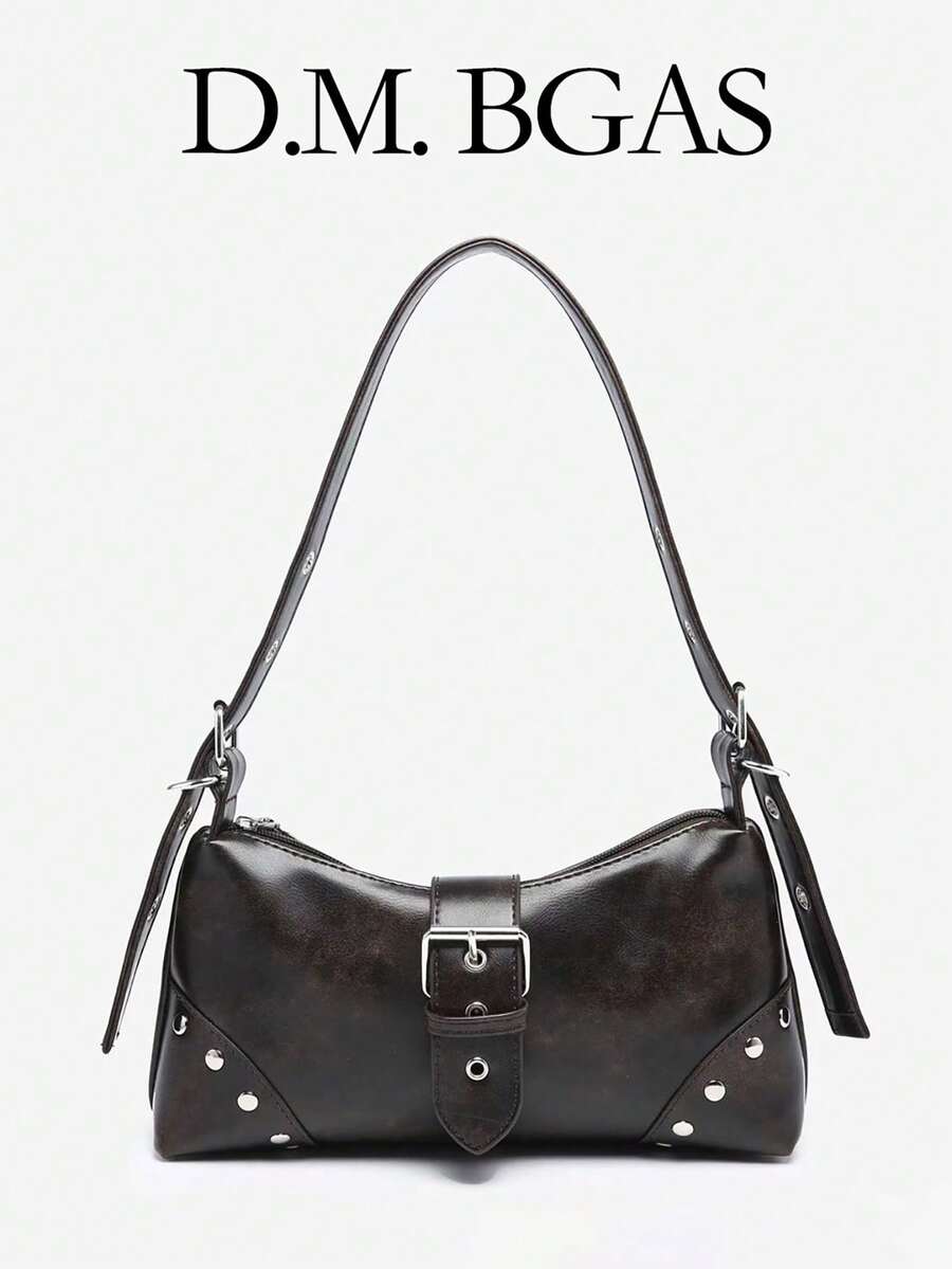 1pc PU Y2K Women's Vintage Distressed Soft Leather Motorcycle Bag With Rivet Buckle Decor, Wrinkled Cloud Design, One Shoulder Underarm Bag, Baguette Square Bag, Suitable For Work, Commute, Date, Party - Coffee Brown - View 1