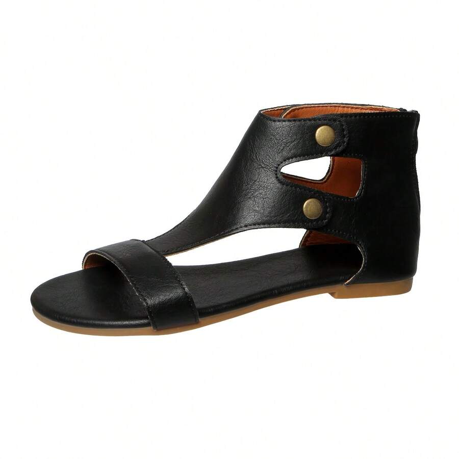 Summer Vintage Open Toe Hollow T-Strap Back Zipper Casual Sandals Solid Color Beach Back Zipper Summer Vintage Open Toe Hollow T-Strap Back Zipper Casual Sandals Beach Summer - Black - View 1