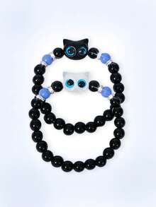 Y2Kool 2pcs Cute Big Eyes Cat Luminous Bracelet, Suitable Gift For Couples, Friends - Black and White - View 1